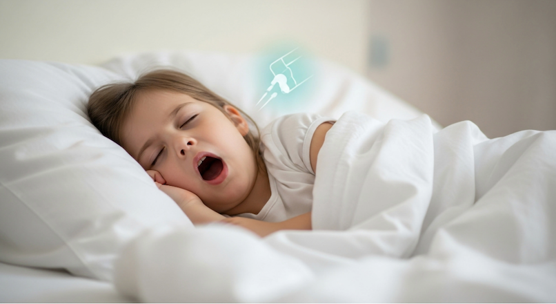 Young girl sleeping with mouth wide open and snoring — signs of childhood airway obstruction treated at Align Choice Orthodontics by Dr. Sogol, pediatric airway orthodontist in Everett, WA
