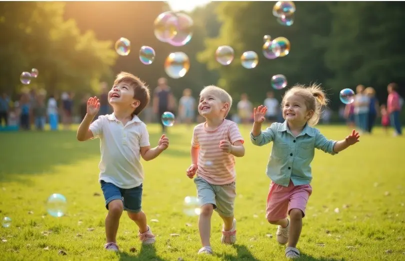 Three happy young children running through a sunny park chasing bubbles, highlighting healthy smile development and early orthodontic tracking at Align Choice Orthodontics in Everett, WA